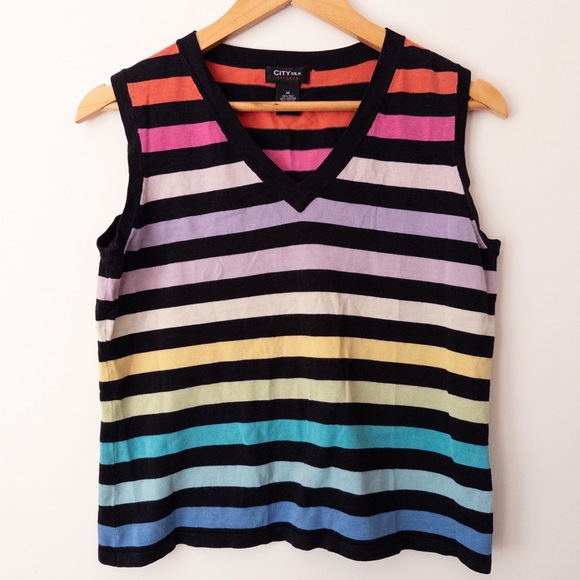 Tops - Y2K Stretch Rainbow Stripe Sleeveless Knit Silk Tank M Pride Dopamine Colorful